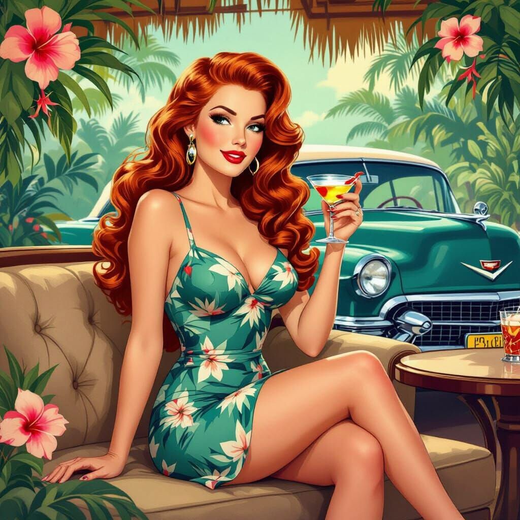 Pin-Up Woman Enjoys Martini in Retro Tiki Bar
