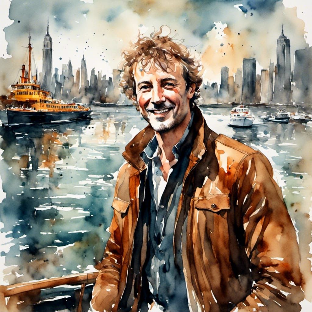 Man on Ferry to Manhattan in Watercolor Style