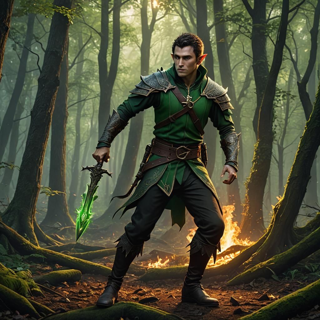 Half-Elf with Green Fire Dagger: Fantasy Concept Art