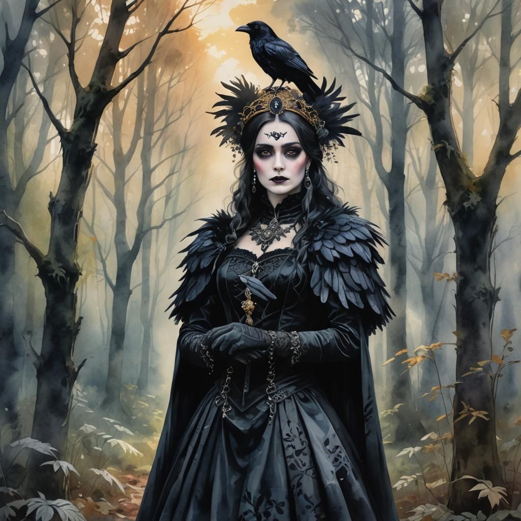 Gothic Woman with Raven in Watercolor Style