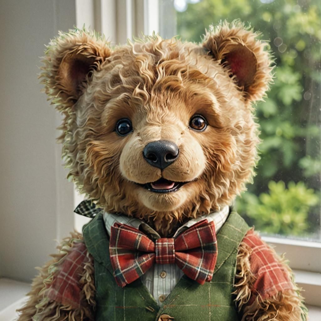 Adorable Teddy Bear with Bowtie on Window Ledge