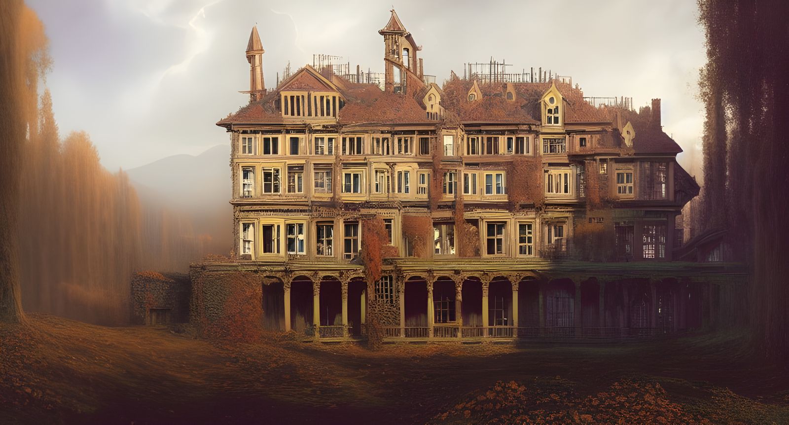 Steampunk Mansion's Autumnal Collapse: Surreal Digital Artwo...