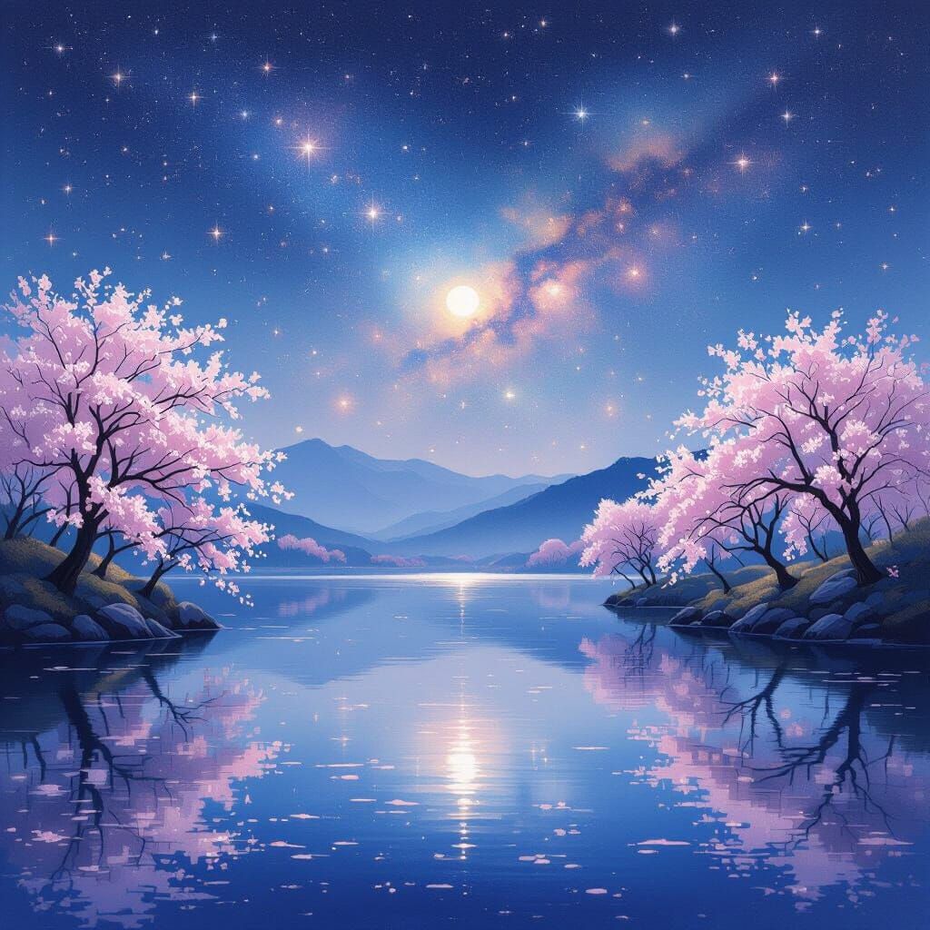 Starry Night Sky Over Cherry Blossom Lake in Watercolor Styl...