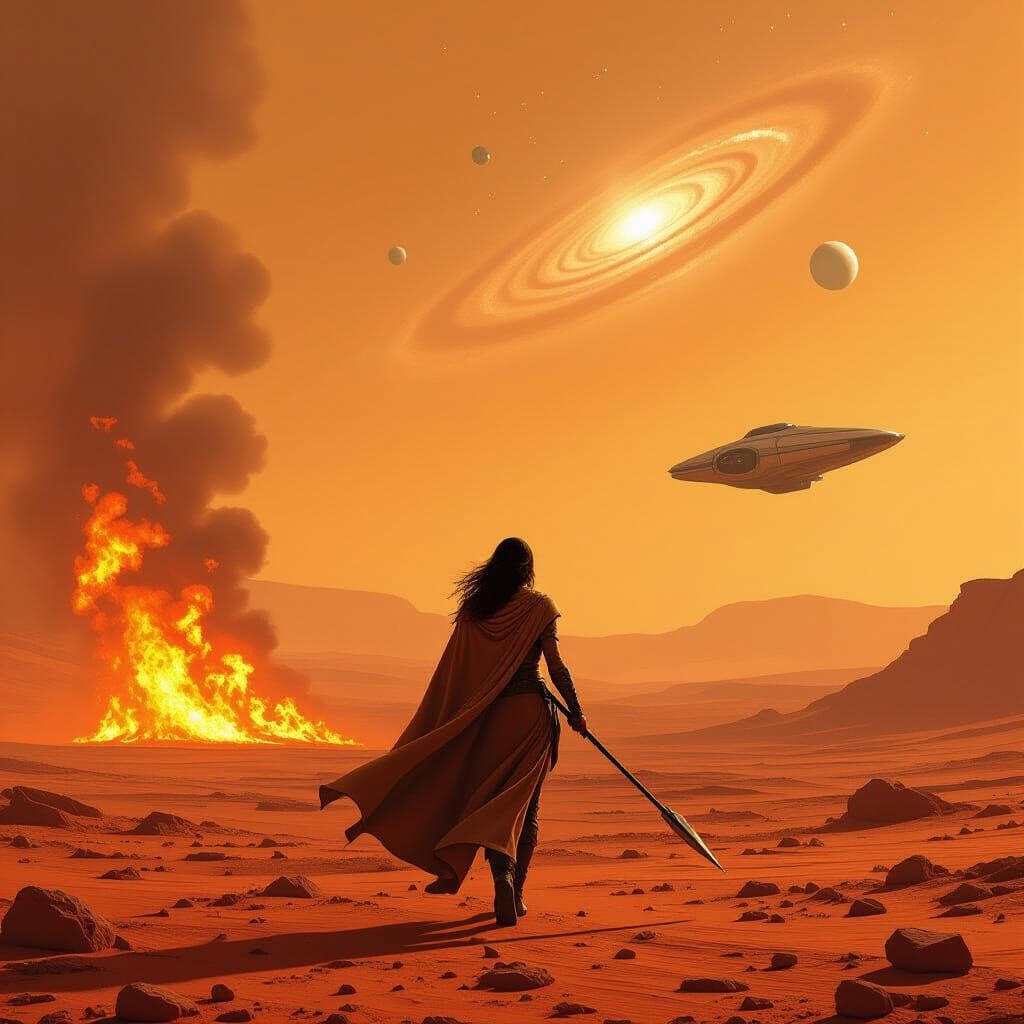 Fiery Mars Landscape with Figure and Spaceship