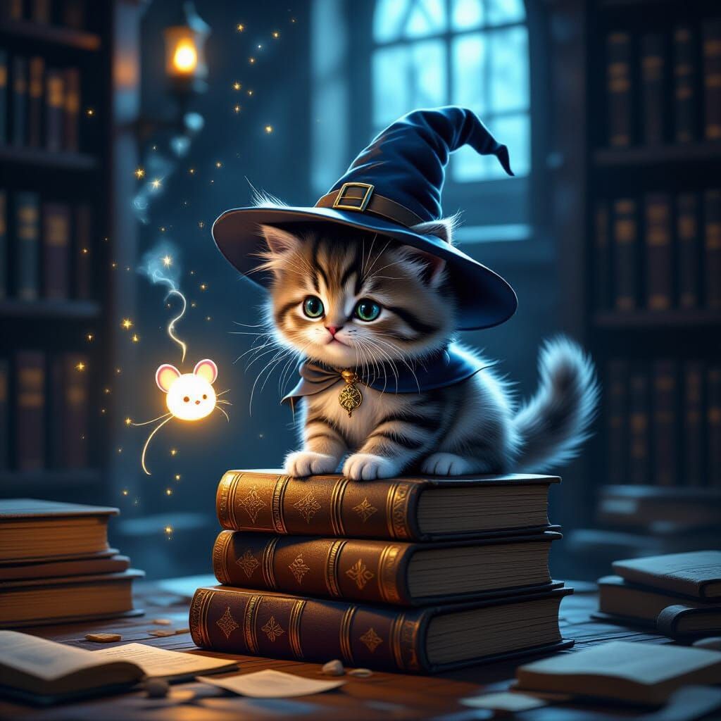Cute Kitten Wizard on Books in Dark Fantasy Library