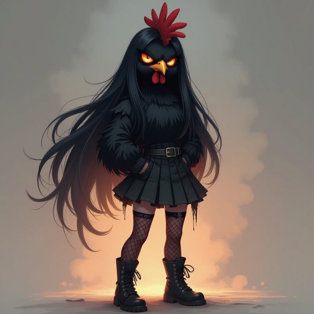 Goth Anime Chicken Girl with Intense Gaze