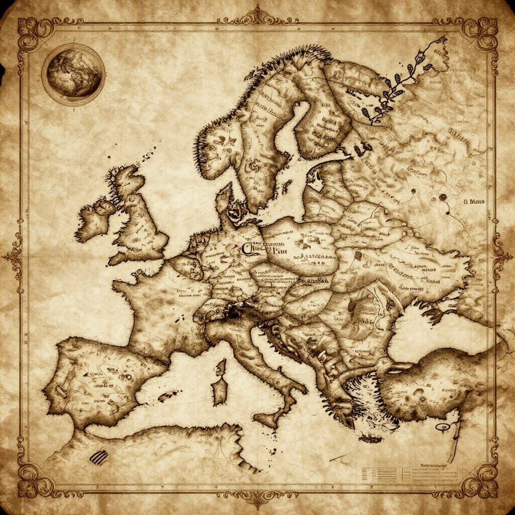 Antique European Map with Ornate Scrollwork and Illustration...