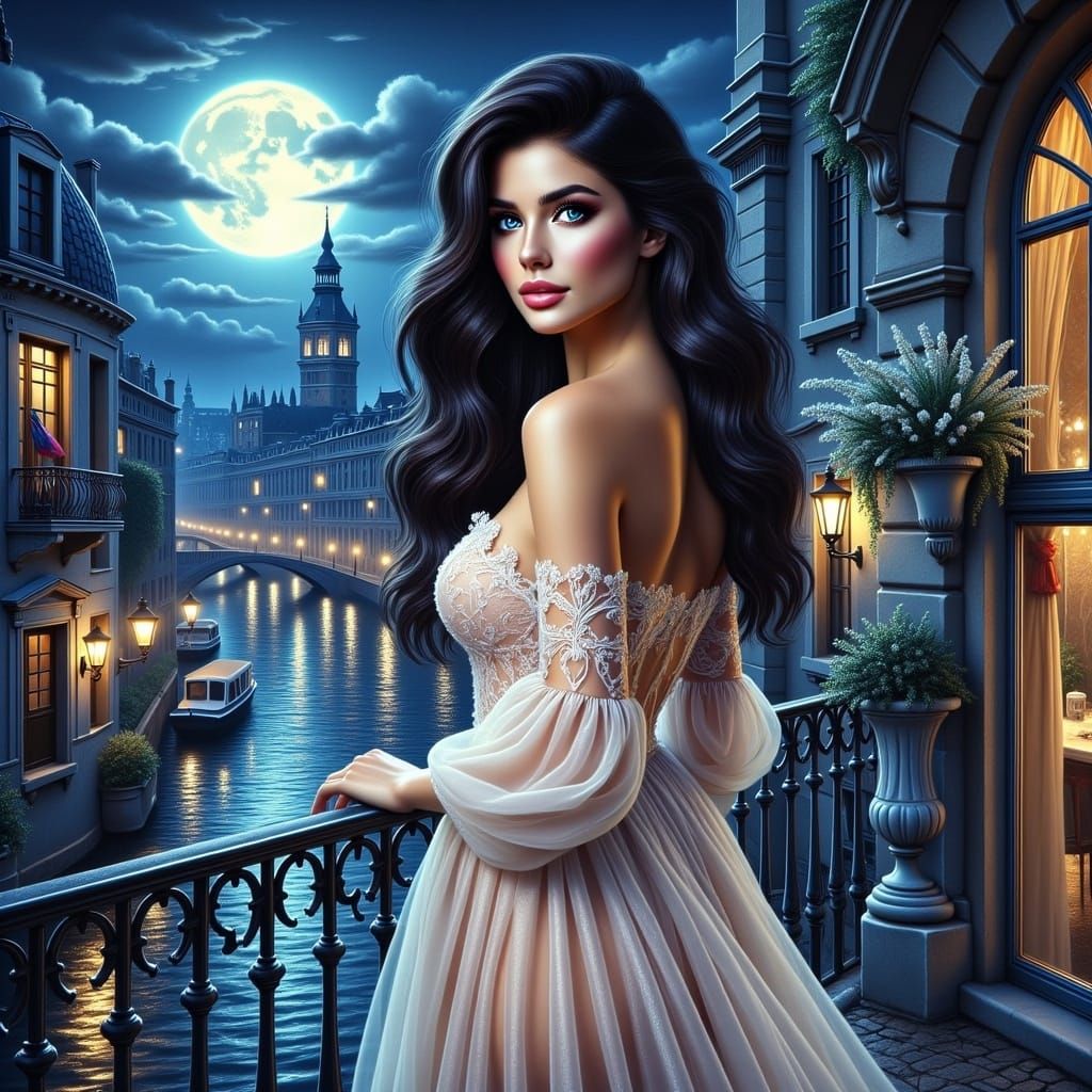 Woman in Silk Dress on Moonlit Balcony, Comic Art Style