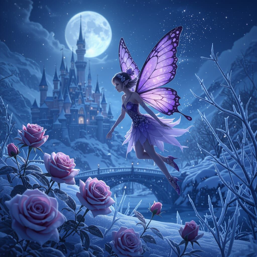 Winter Fairy Above Frozen Castle Landscape