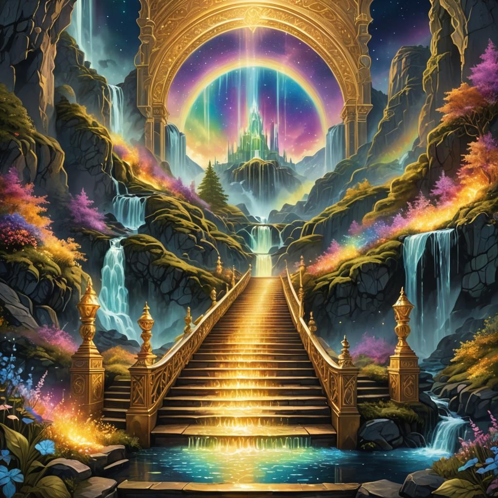 Golden Stairway to Valhalla: Mixed Media Cosmic Illustration