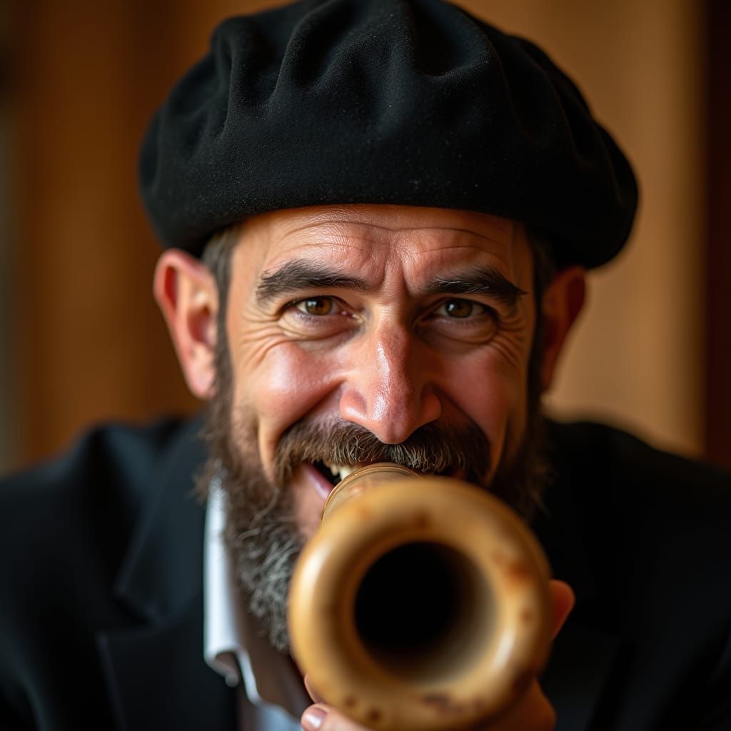 Sephardic Man Blowing Shofar Portrait