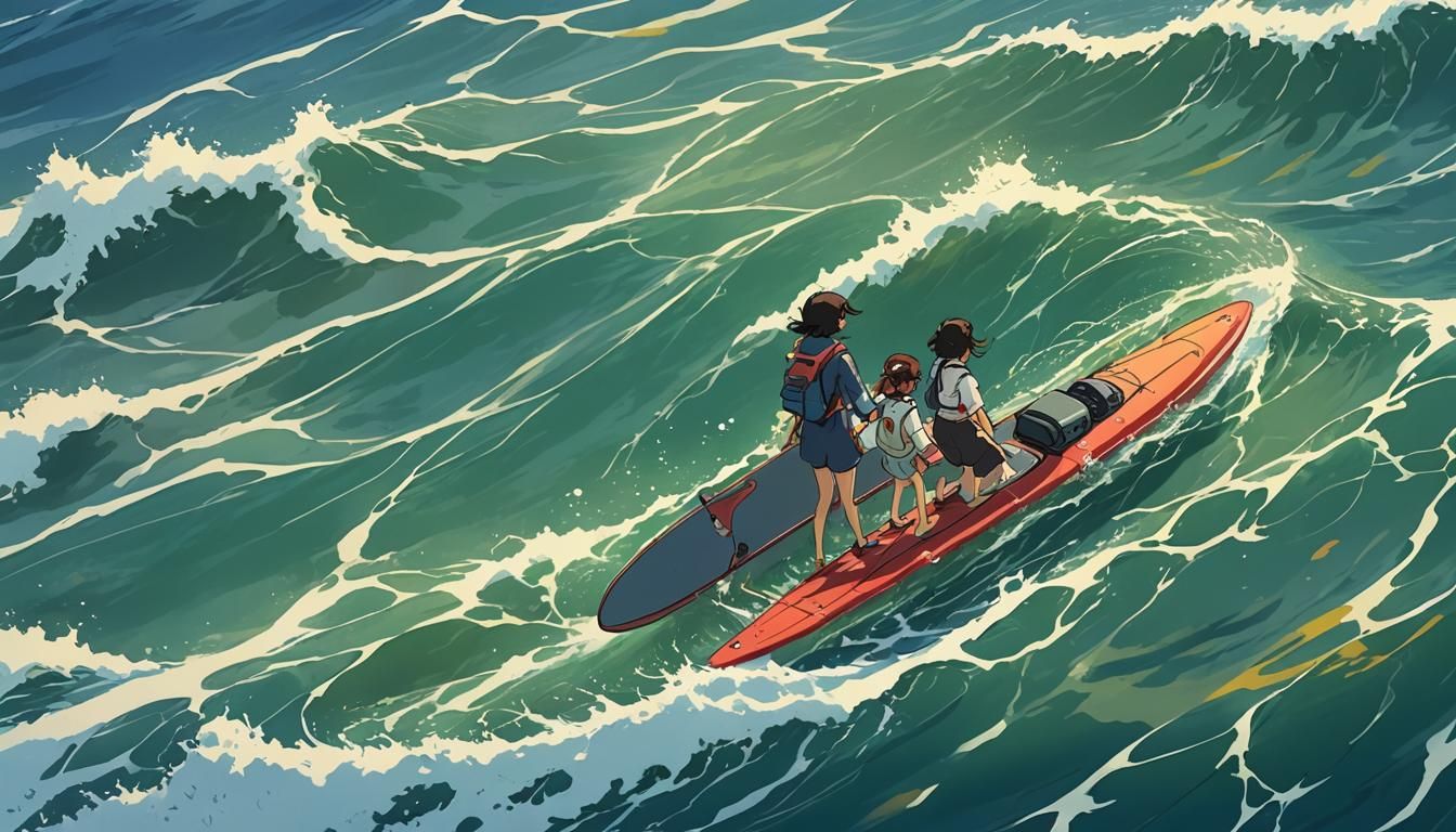 Girl Surfing by Submarine in Studio Ghibli Style