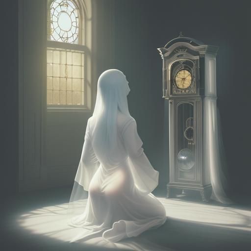 Translucent Ghost Before Grandfather Clock at Night