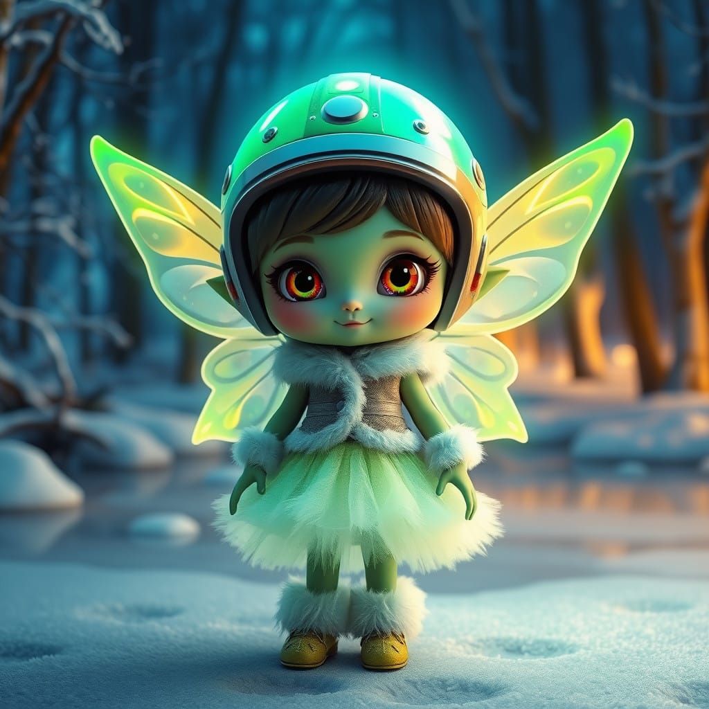 Whimsical Green Alien Fairy Girl in Winter Wonderland