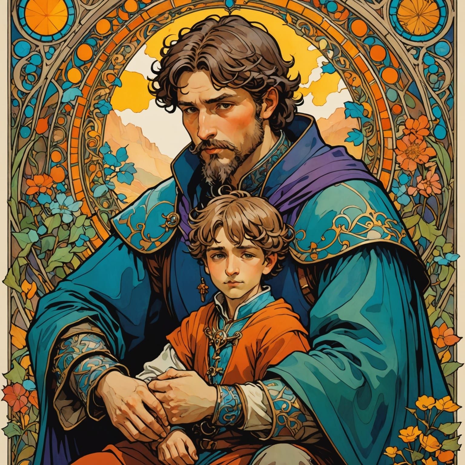 Father and Son in Vibrant Medieval Illustration