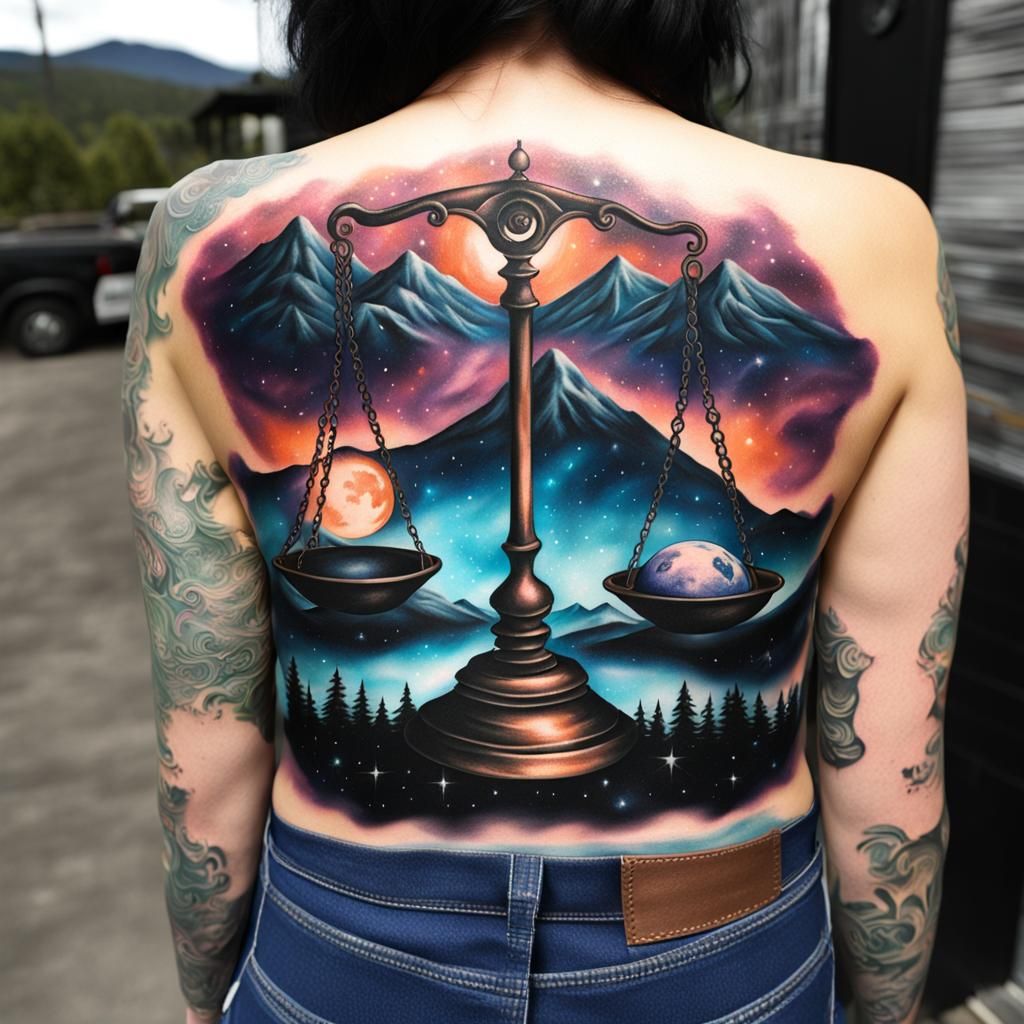Full view, Big realistic Libra scales tattoo on womans back, mountains, moon,ultra photo realistic, galaxies