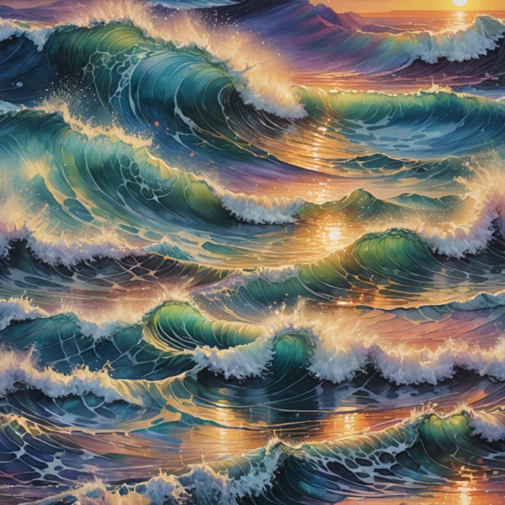 Iridescent Ocean Waves Encircling a Glimmering Sunrise