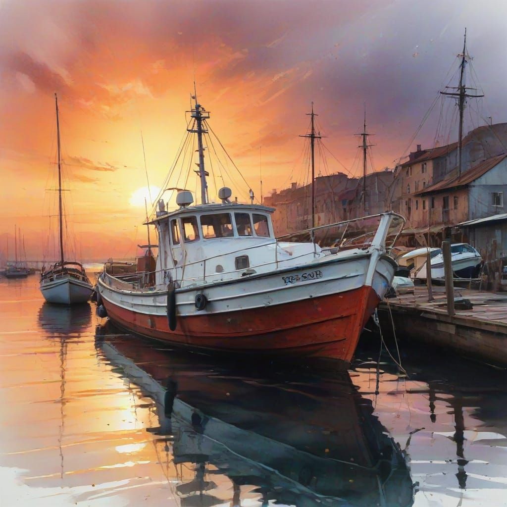 Old Boat at Harbor Dock During Vibrant Sunset