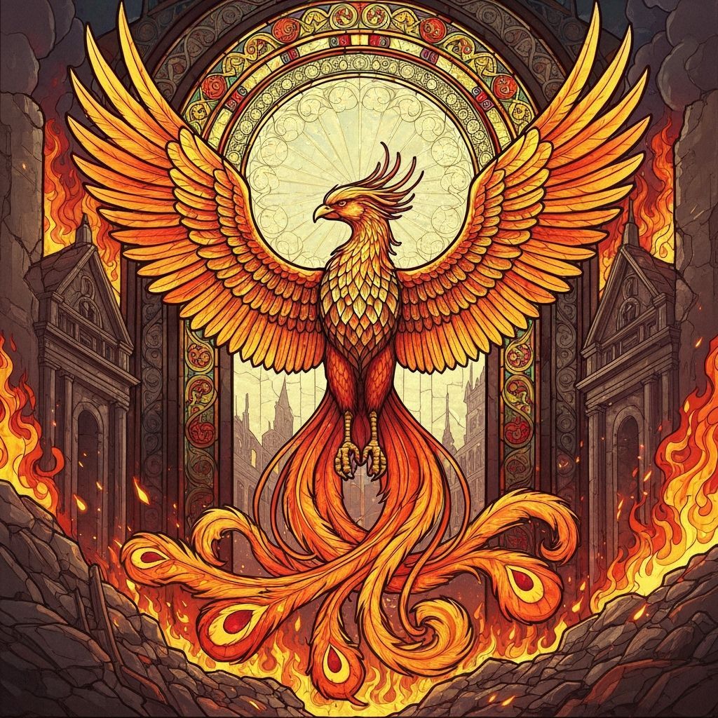Stained-Glass Phoenix Rising from Ashes in Art Nouveau Style