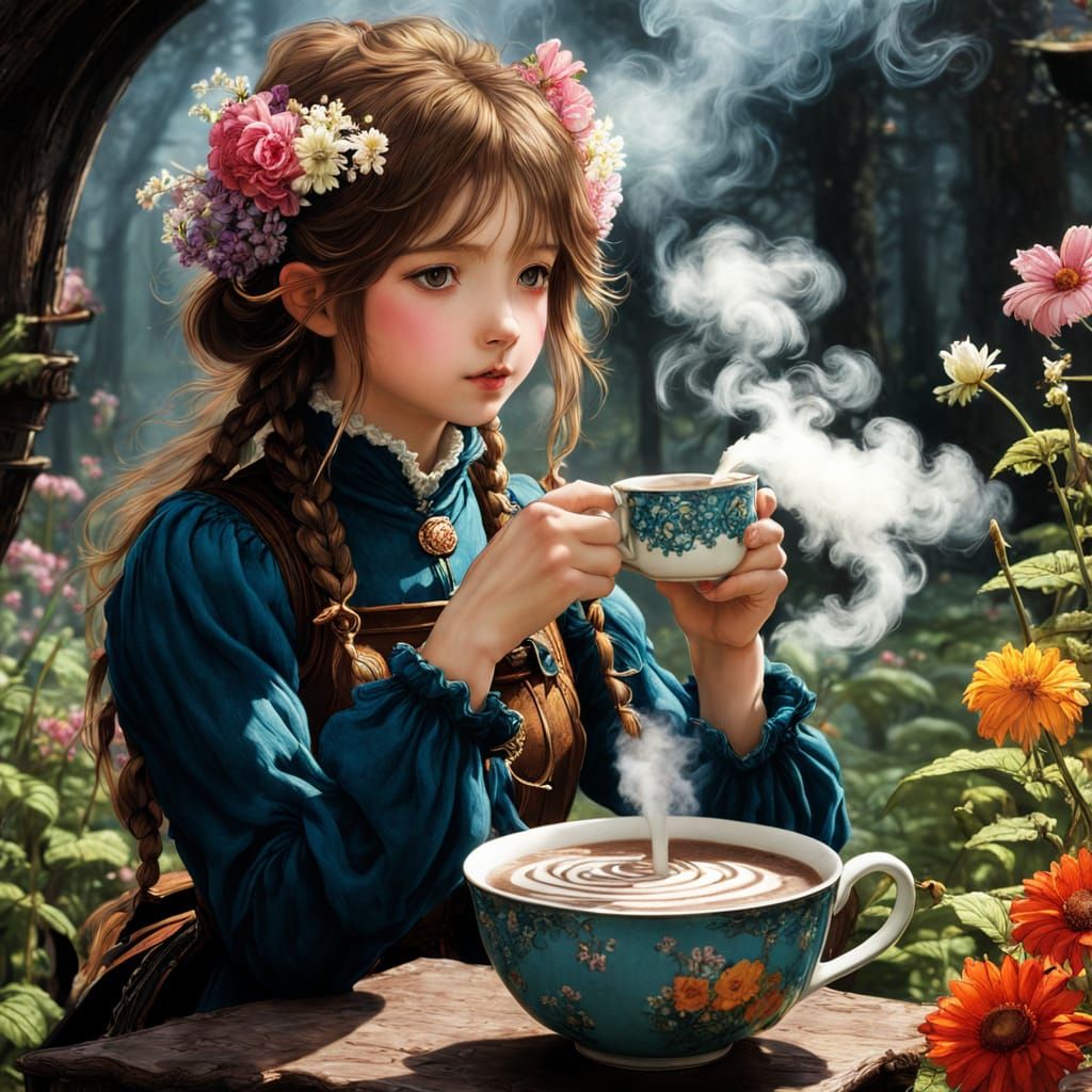 Whimsical Anime Girl with Steaming Flower Hot Chocolate