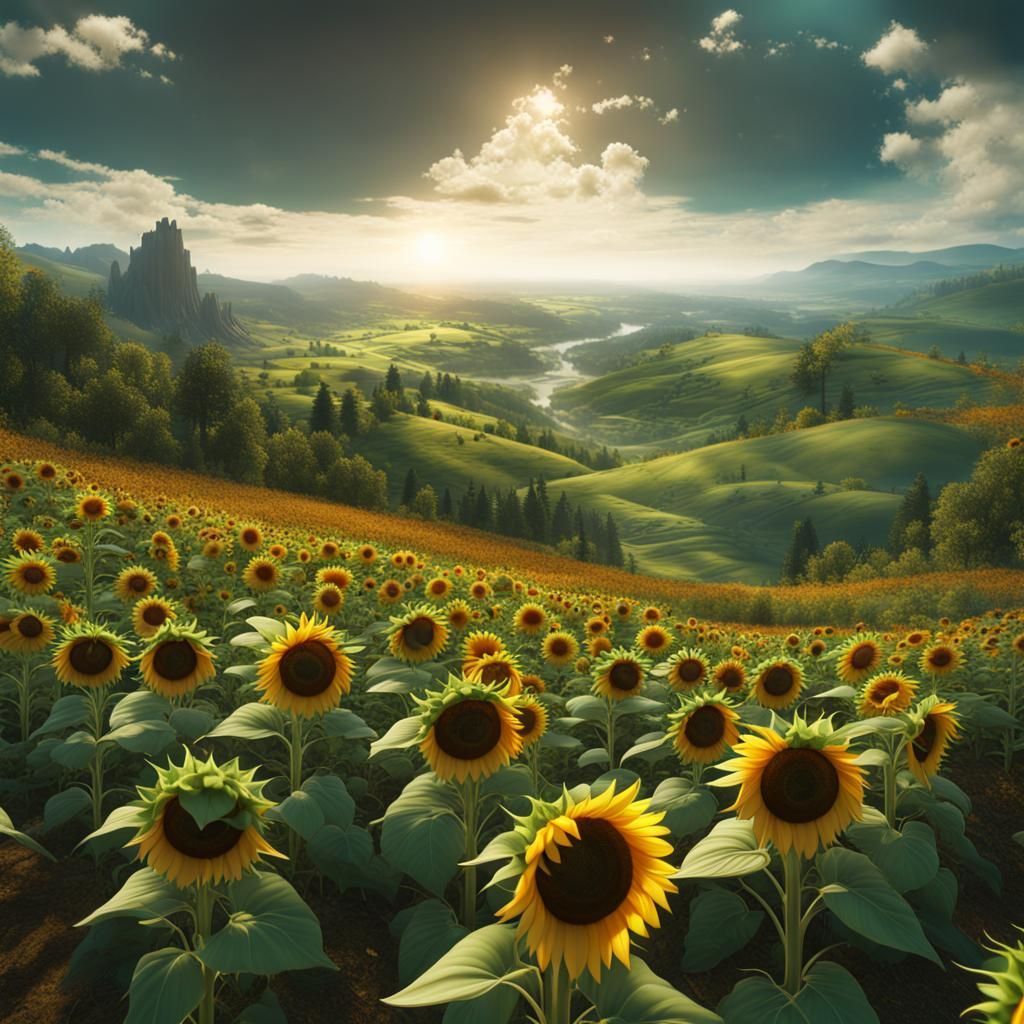 Epic Sunflower Field: Detailed Matte Painting