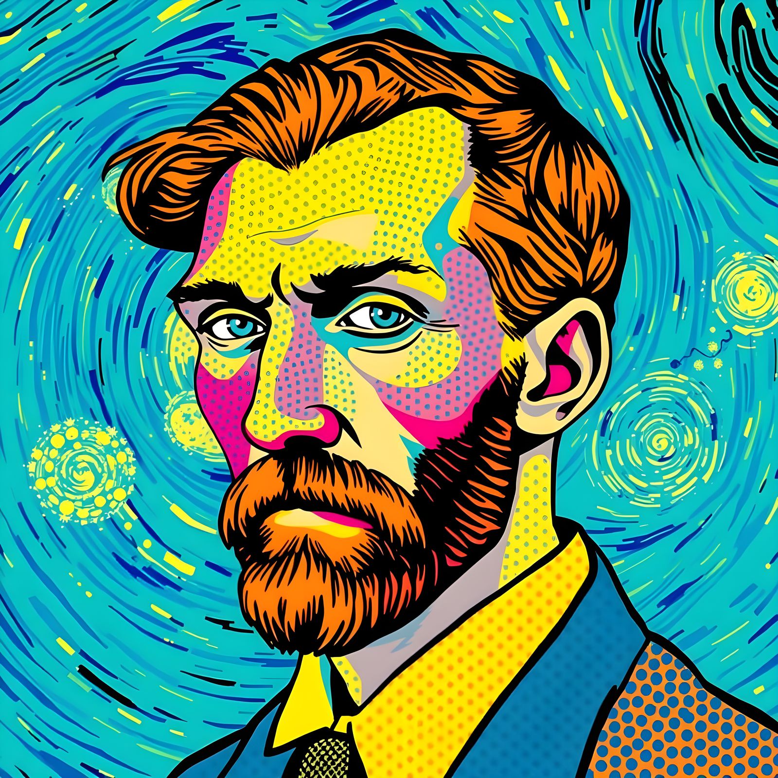 A vibrant portrait of Vincent Van Gogh, using bright colors and bold patterns, pop art, comic book style, starry night s...