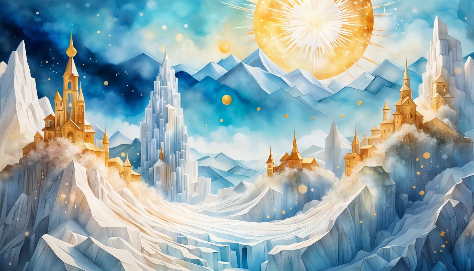 Ethereal Village Amidst Shimmering Selenite Mountains
