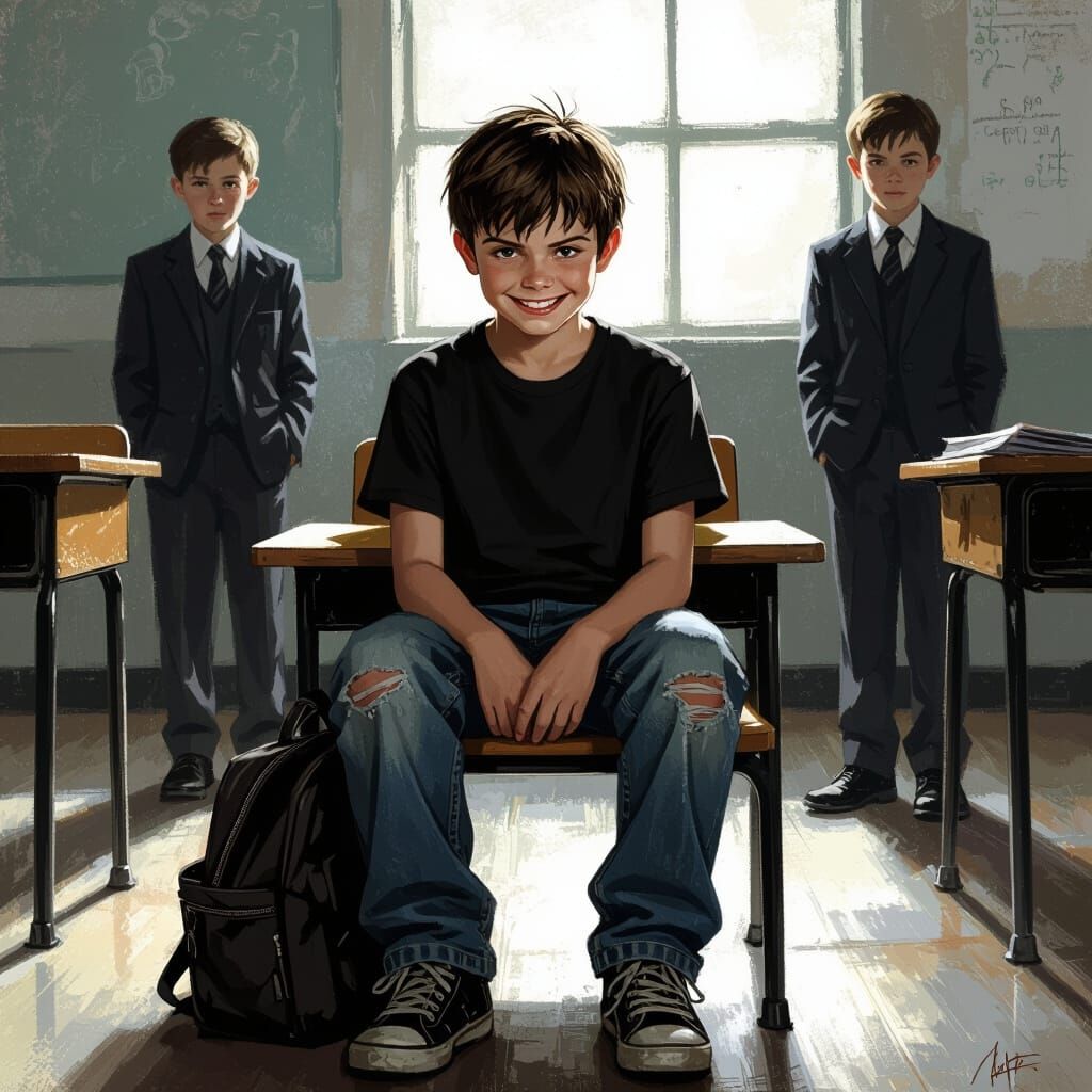 Bullied Boy's Sinister Smile in Dark Fantasy Art