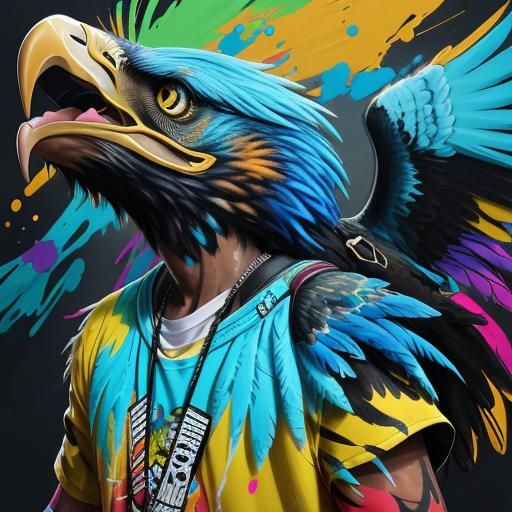 Boy with Eagle Shoulder Perch in Vibrant Street Art