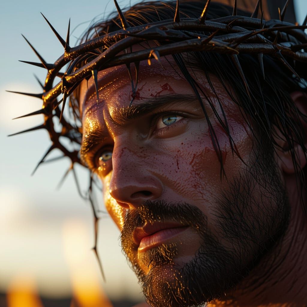 Man with Crown of Thorns and Burning Earth Reflection