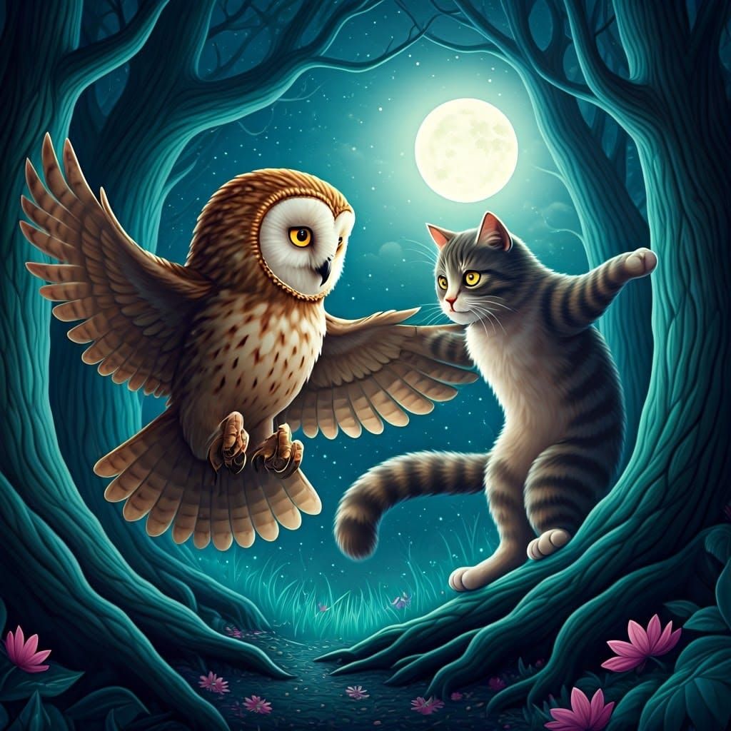 Owl and Cat Dance in Enchanted Woods