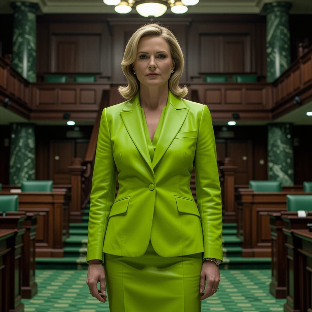 Powerful Woman Leader in Lime Green Suit, Neo-Noir Style