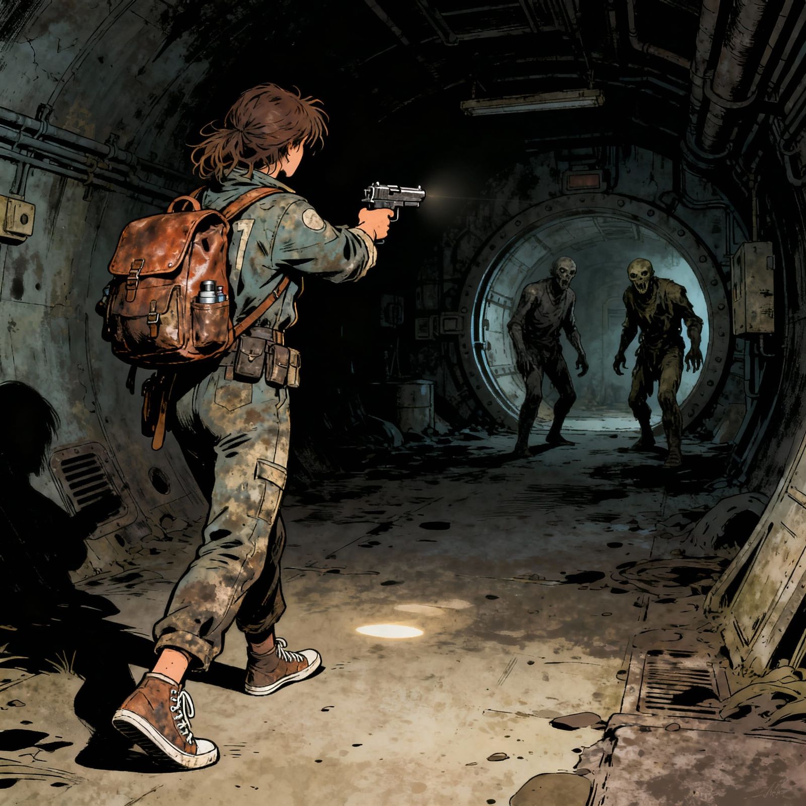 Vault Dweller Confronts Ghouls in Dark Bunker