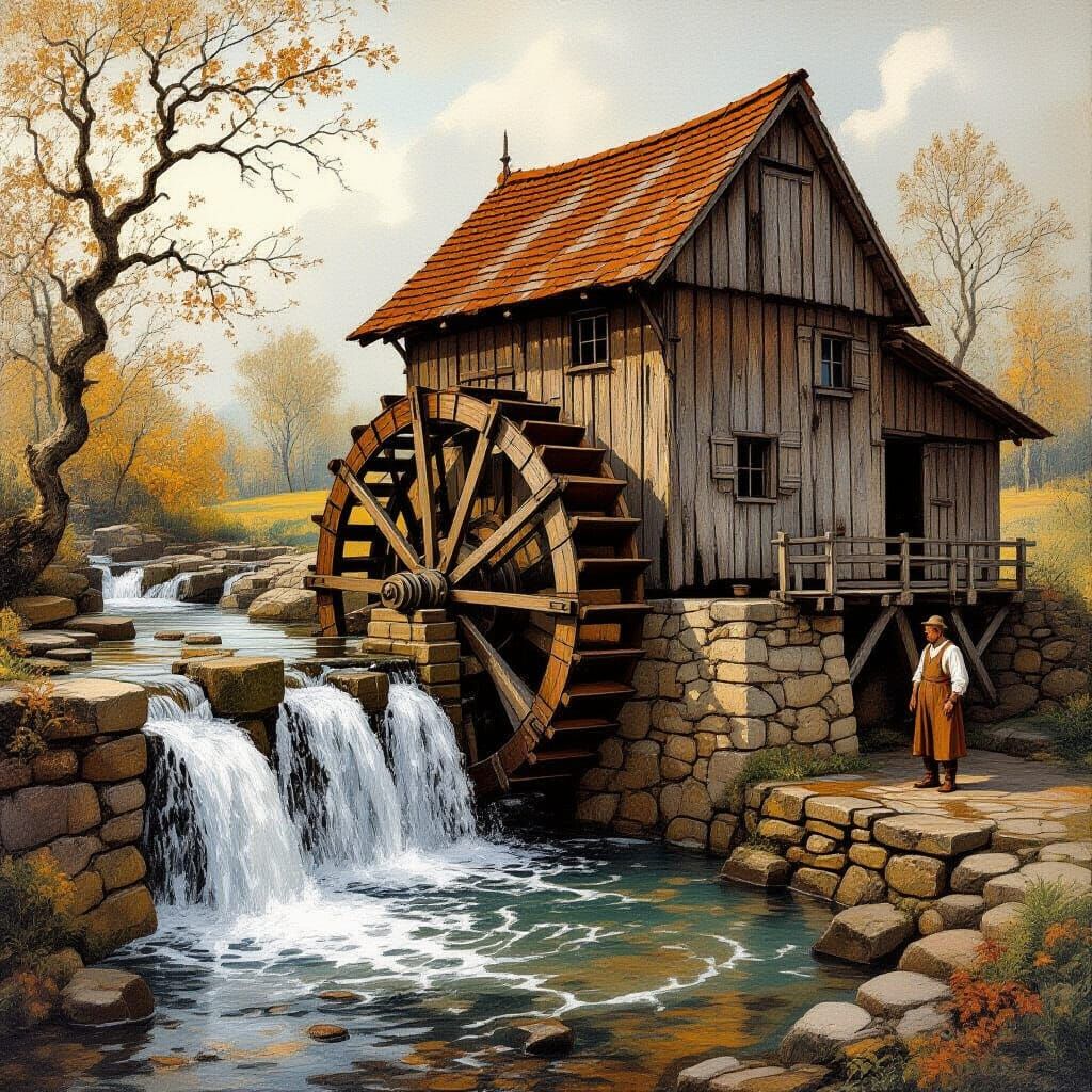 Charming Watermill Scene in Classic Art Style