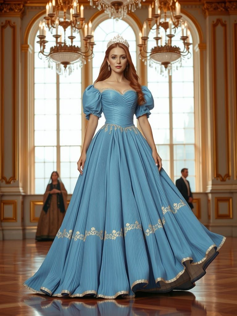 A graceful woman stands poised in a lavishly decorated ballr...