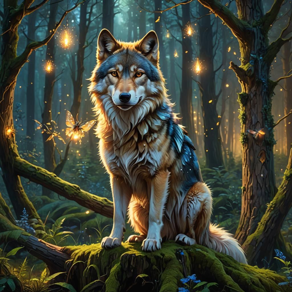Iridescent Wolf in Mystical Forest Glade