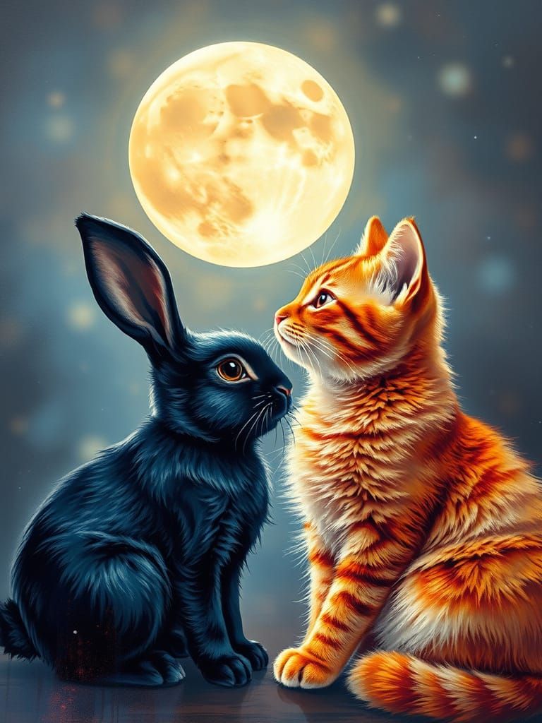 Dreamy Double Exposure Art of Bunny and Kitty Under Moonligh...