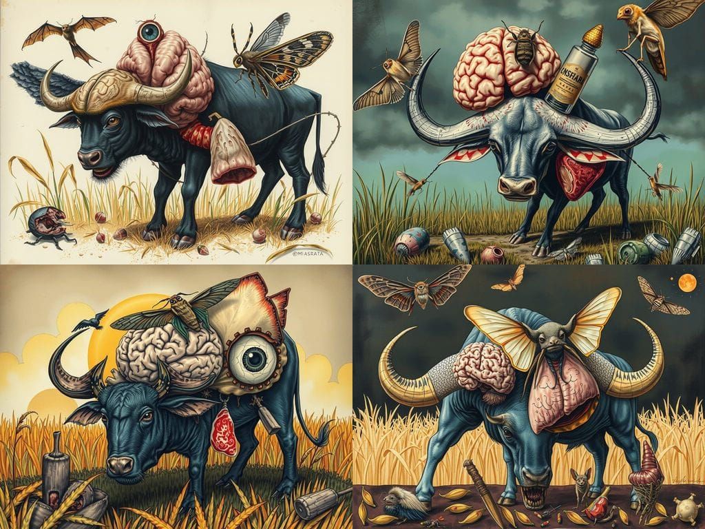 Bizarre Buffalo Horror Hybrid in Mixed Media Art Style