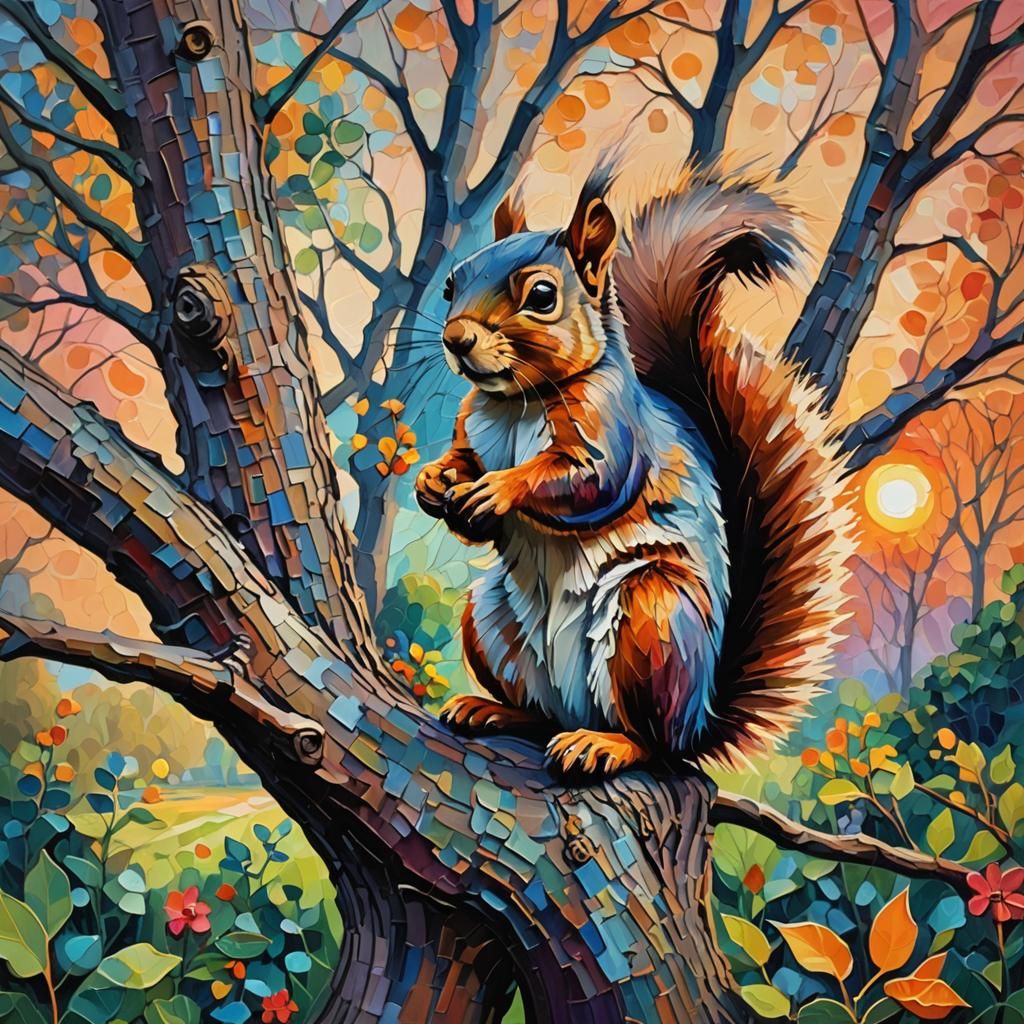 Squirrel in Garden: Neo-Impressionist Expressionist Oil Pain...
