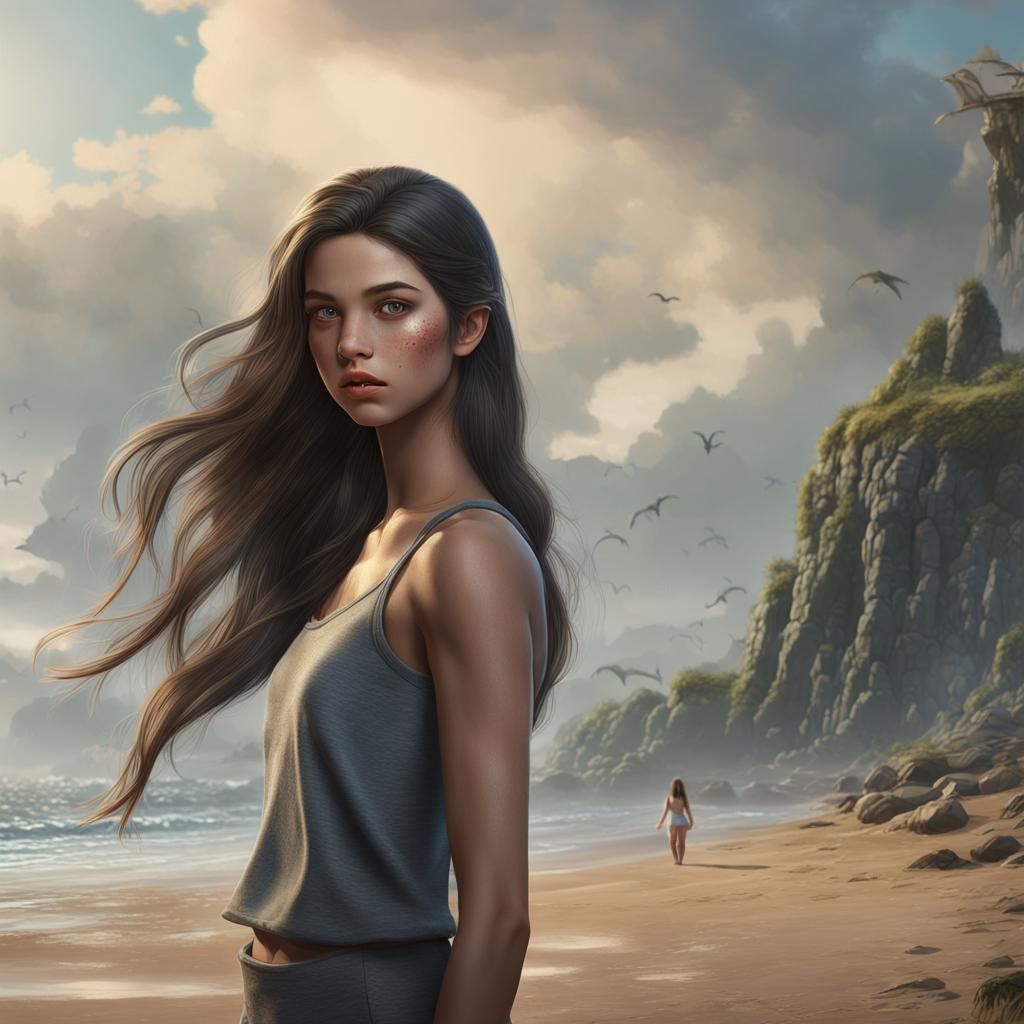 Teenage Girl at the Beach: Detailed Matte Painting