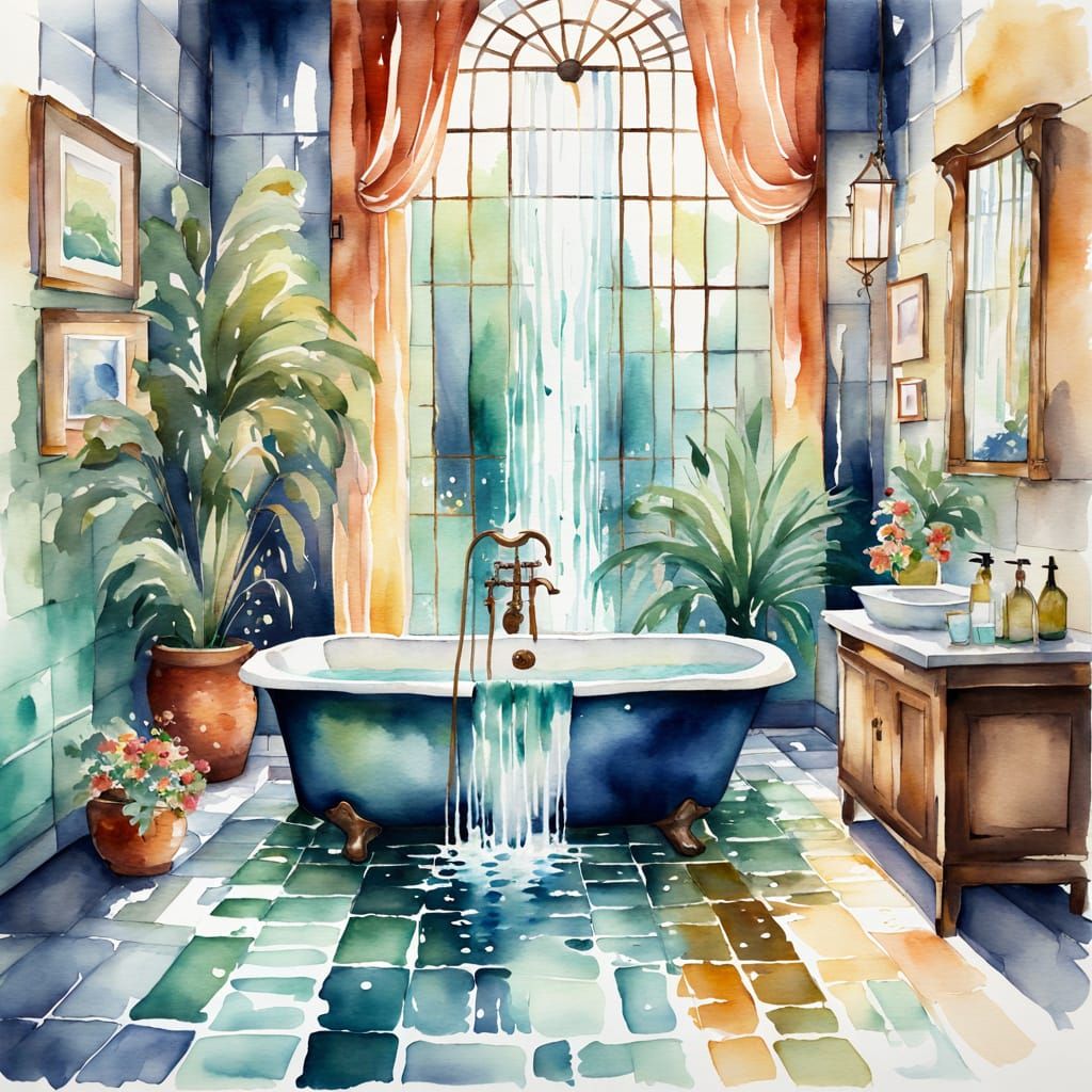 Waterfall Bathtub in Impressionist Watercolor Style