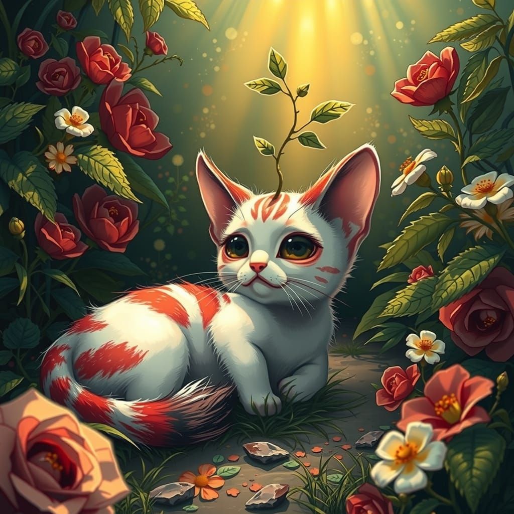 Surreal Cherry Feline in Whimsical Garden Paradise