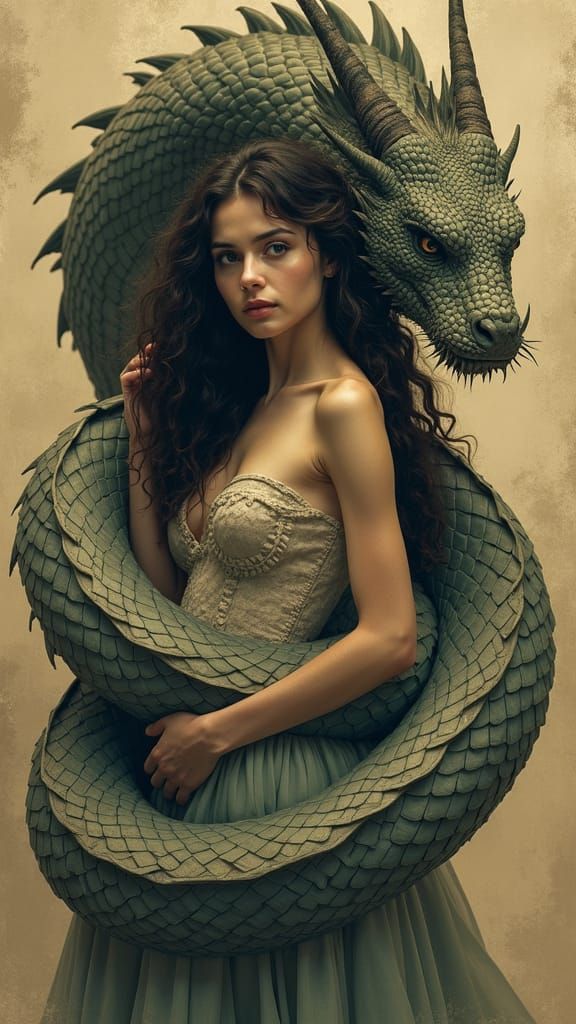 Woman Intertwined with Serpentine Dragon: Cinematic Still