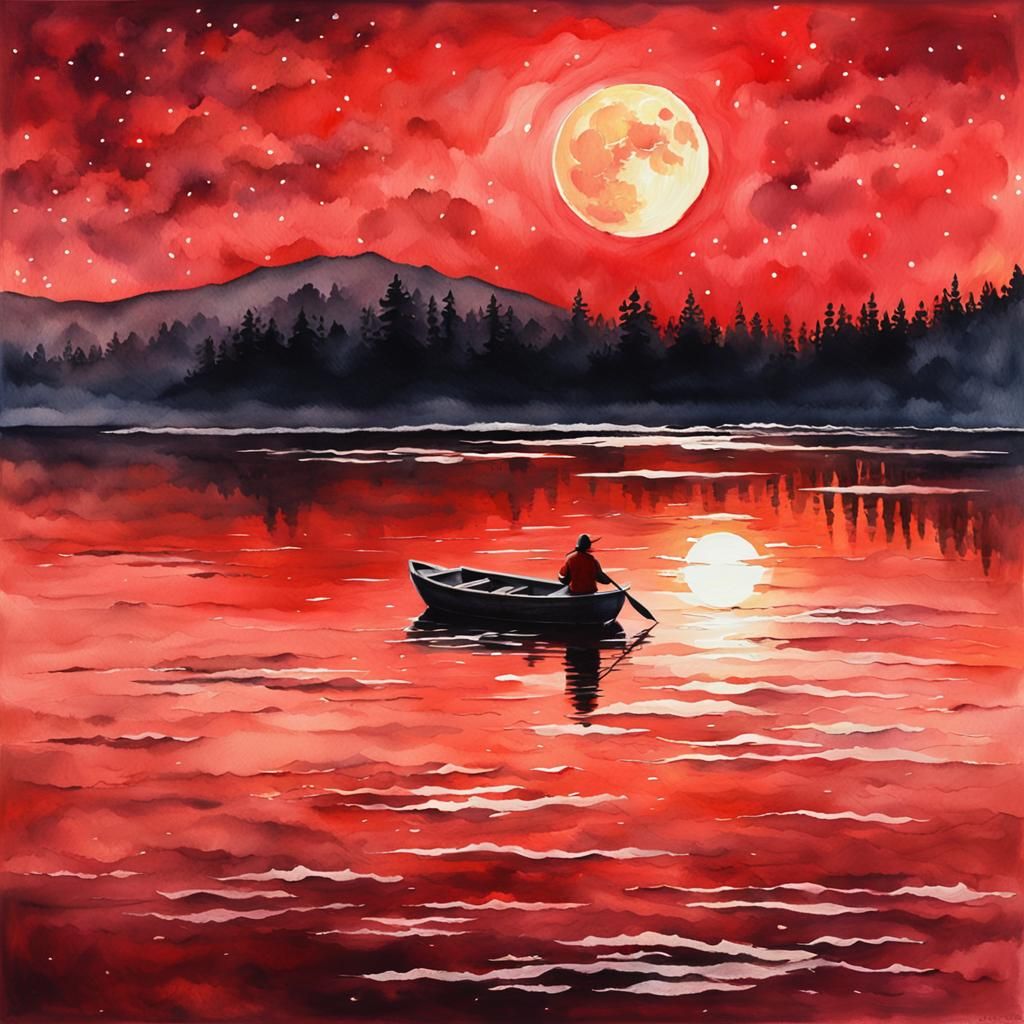 Scarlet Moon Over Lake: A Watercolor Painting