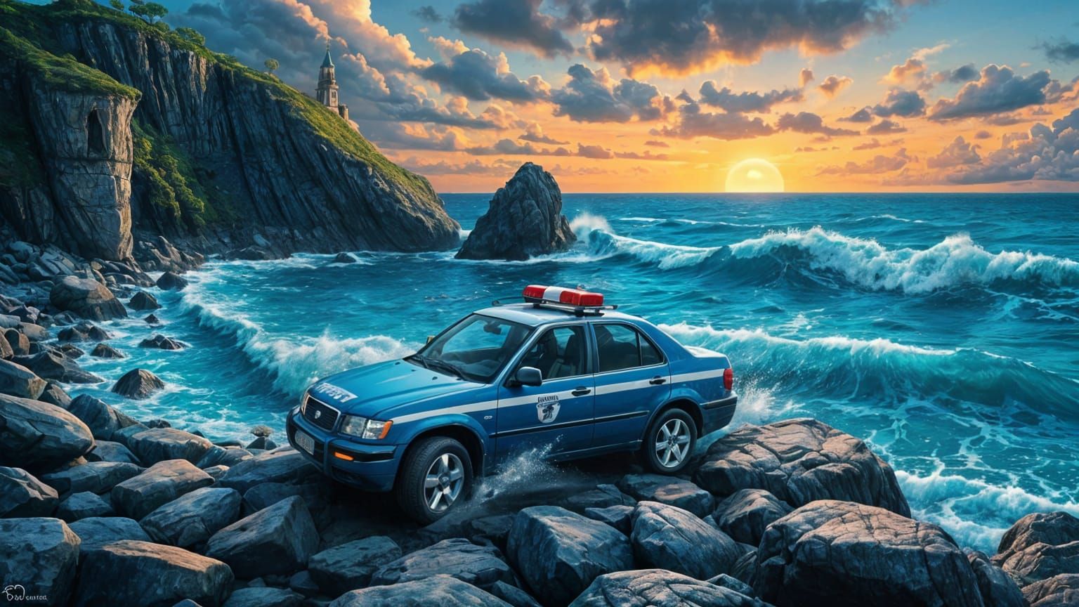 Surreal Blue Police Car Ocean Landscape