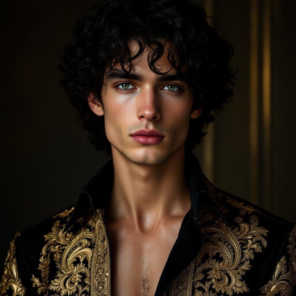 Elegant Portrait of Young Man with Black Curls