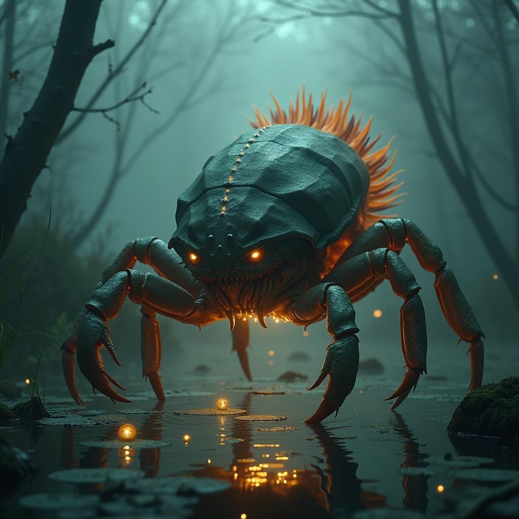 Majestic Dark Fantasy Creature Fusion in Ethereal Swamp