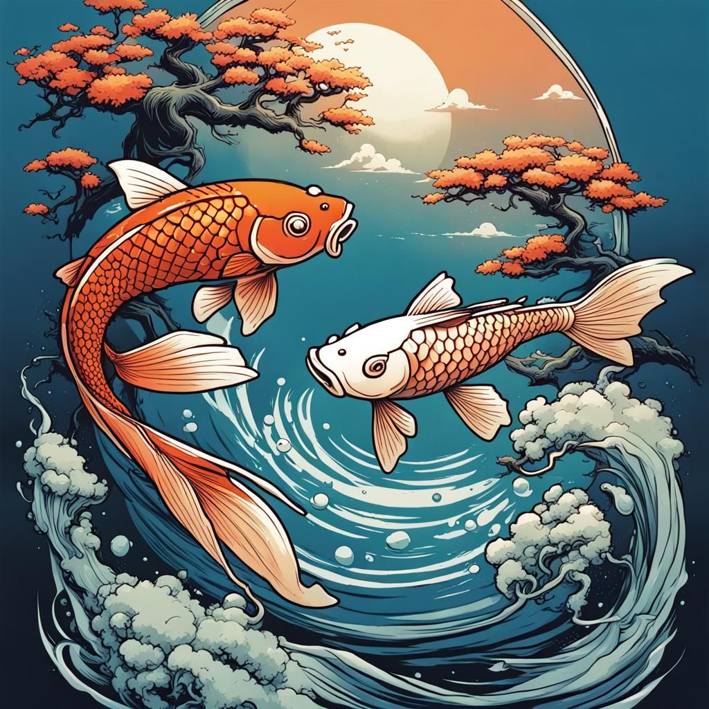 Koi Fish and Bonsai Comic Book Art