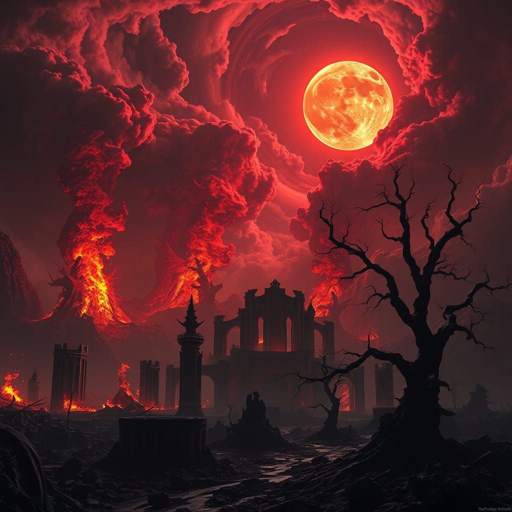 Apocalyptic Landscape Under a Blood-Red Moon
