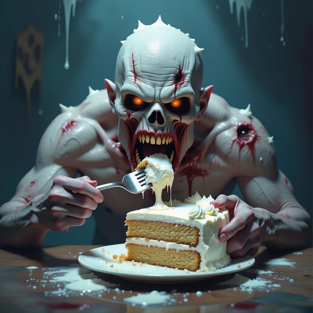 Zombie Shark-Headed Man Devours Iced Cake